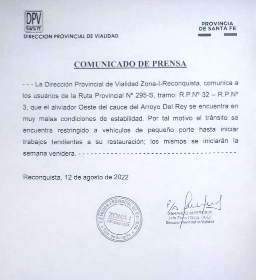COMUNICADO DE PRENSA: La Dirección Provincial de Vialidad Zona-l-Reconquista, comunica
