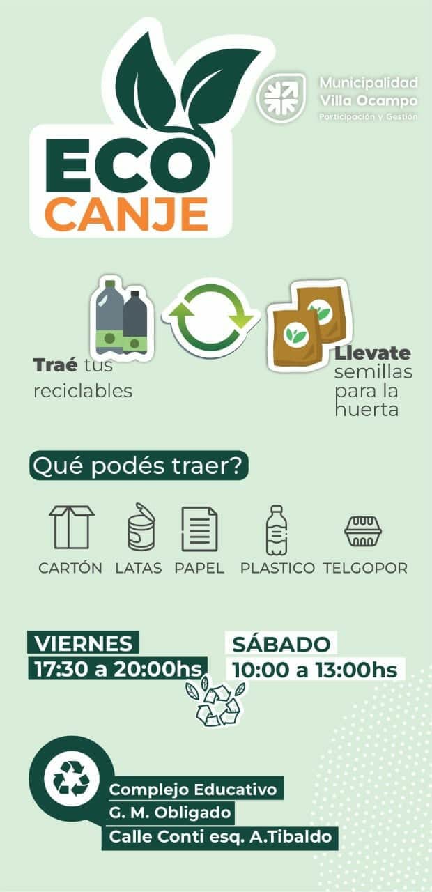 VILLA OCAMPO : ESTE VIERNES Y SÁBADO “ECO CANJE” EN EL COMPLEJO EDUCATIVO GRAL. MANUEL OBLIGADO