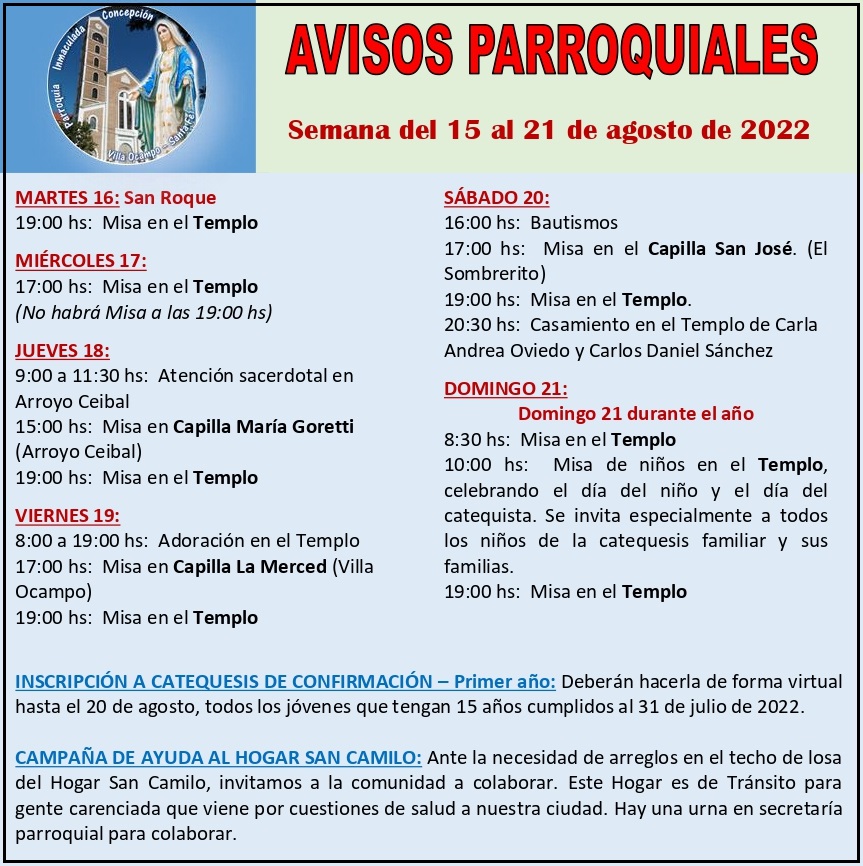 VILLA OCAMPO: AVISOS PARROQUIALES Parroquia “Inmaculada Concepción” VILLA OCAMPO – Semana del 29 de agosto al 4 de setiembre de 2022