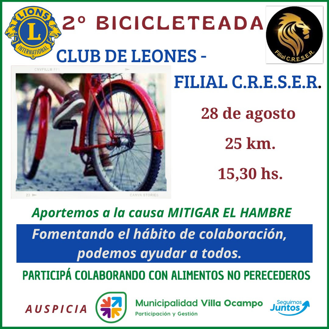 VILLA OCAMPO: 2º BICICLETEADA RECREATIVA DE LA FILIAL C.R.E.S.E.R. DEL CLUB DE LEONES