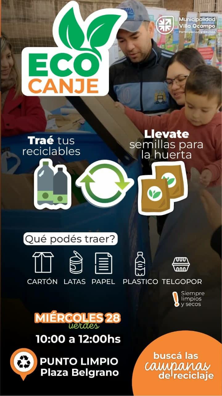 Villa Ocampo: ECO CANJE el Próximo 28 de septiembre en plaza Belgrano