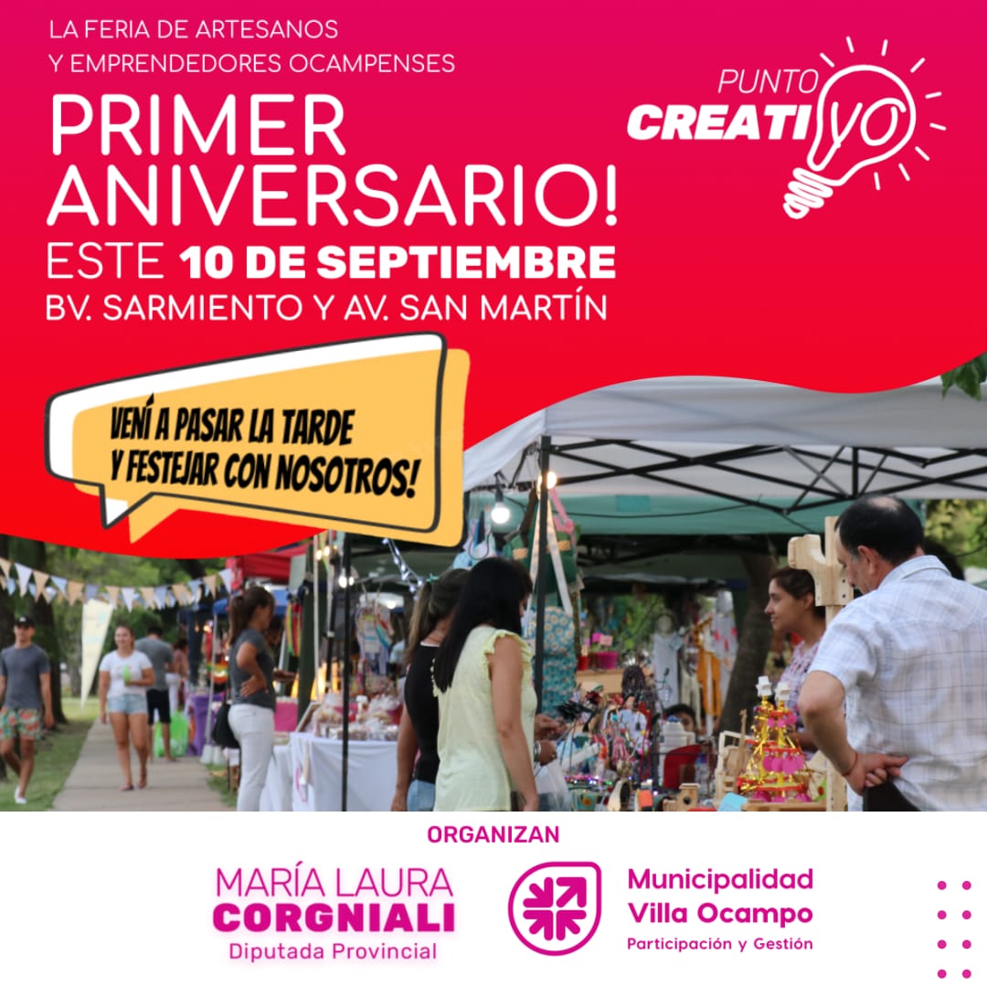 VILLA OCAMPO: Se viene el aniversario de Punto Creativo con expotaller y música en vivo