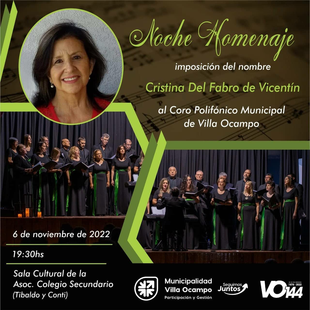 NOCHE HOMENAJE IMPOSICIÓN DEL NOMBRE “CRISTINA DEL FABRO DE VICENTÍN” AL CORO POLIFÓNICO MUNICIPAL