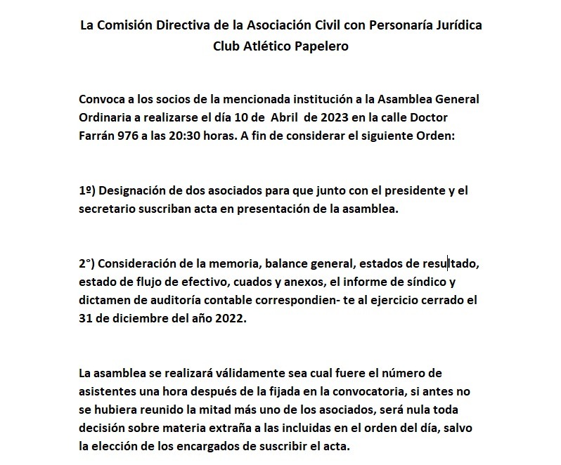 Villa Ocampo: EL CLUB ATLETICO PAPELEROS CONVOCA A ASAMBLEA ORDINARIA