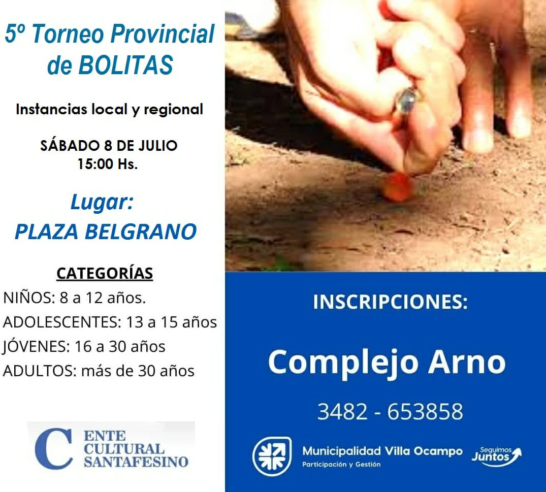 LAS INSTANCIAS LOCAL Y REGIONAL DEL 5º TORNEO PROVINCIAL DE BOLITAS SE DISPUTARÁN ESTE SÁBADO 8 DE JULIO EN PLAZA BELGRANO