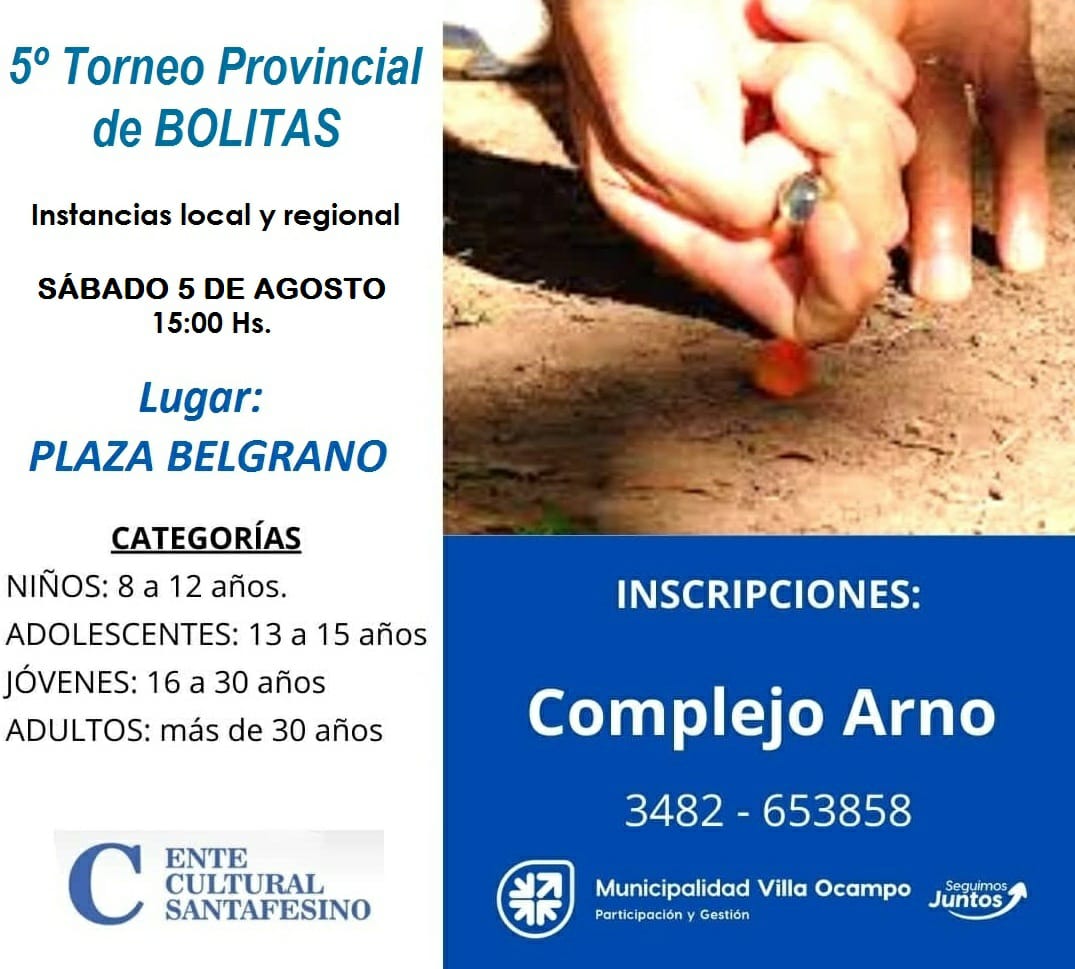 LAS INSTANCIAS LOCAL Y REGIONAL DEL 5º TORNEO PROVINCIAL DE BOLITAS SE DISPUTARÁN EL SÁBADO 5 DE AGOSTO EN PLAZA BELGRANO