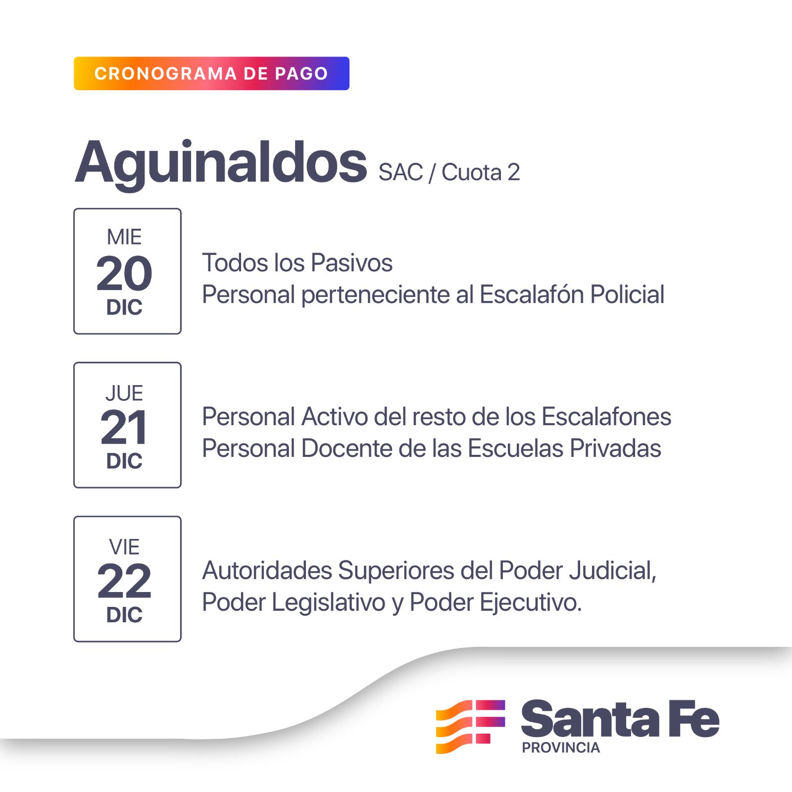 Cronograma de pago del aguinaldo empleados estatales y jubilados de Santa Fe