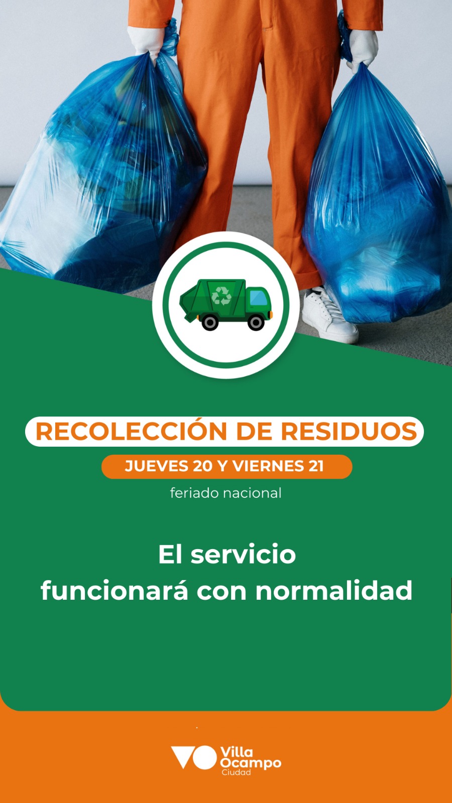 VILLA OCAMPO: EL SERVICIO DE RECOLECCIÓN DE RESIDUOS DE ESTA SEMANA FUNCIONARÁ CON NORMALIDAD