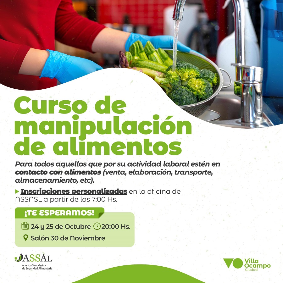 VILLA OCAMPO: CURSO DE MANIPULACIÓN DE ALIMENTOS: SIGUEN ABIERTAS LAS INSCRIPCIONES