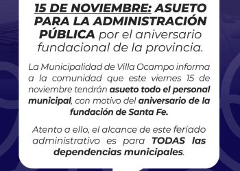 15 DE NOVIEMBRE: ASUETO PARA LA ADMINISTRACIÓN PÚBLICA POR EL ANIVERSARIO FUNDACIONAL DE LA PROVINCIA