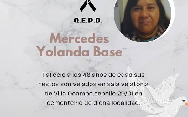 Villa Ocampo: Fallecimiento de Mercedes Yolanda Base