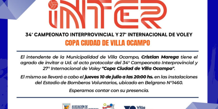 El intendente invita a la apertura del 34° Campeonato Interprovincial y 27° Internacional de Vóley en Villa Ocampo.