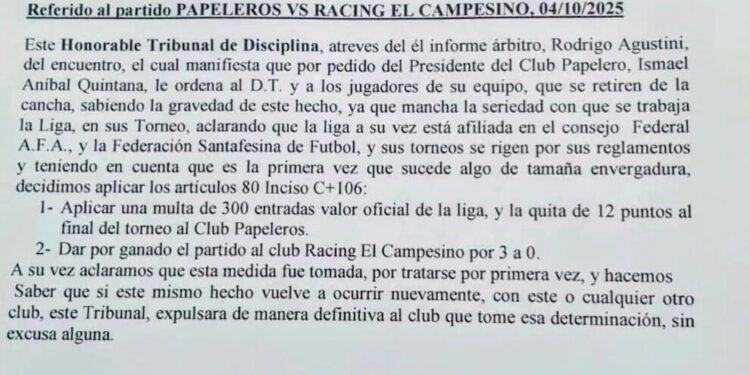 Villa Ocampo: Fuerte sanción en la Liga Ocampense: Papeleros pierde los puntos y le quitan 12 por retirar el equipo