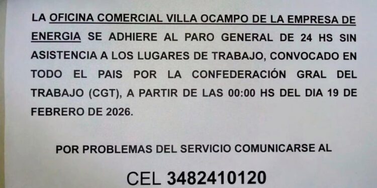La Oficina Comercial de la Empresa Provincial de la Energía en Villa Ocampo se suma al paro general de la CGT.