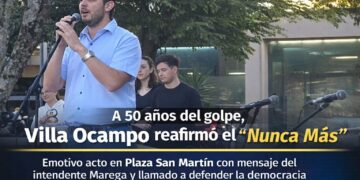 Villa Ocampo: Emotivo acto en Plaza San Martín con mensaje del intendente Marega y llamado a defender la democracia.