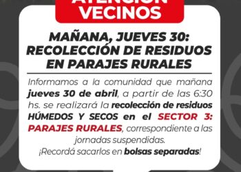 Villa Ocampo: Recolección de residuos en parajes rurales este jueves 30 de abril.