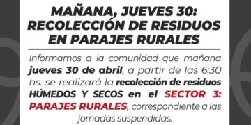 Villa Ocampo: Recolección de residuos en parajes rurales este jueves 30 de abril.