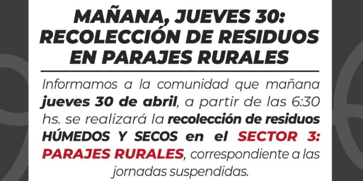 Villa Ocampo: Recolección de residuos en parajes rurales este jueves 30 de abril.