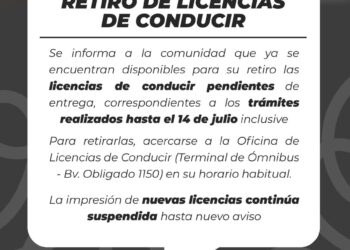Villa Ocampo: Ya pueden retirarse las licencias de conducir correspondientes a trámites realizados hasta el 14 de julio.