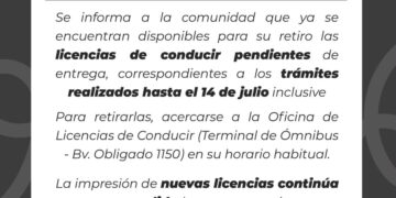 Villa Ocampo: Ya pueden retirarse las licencias de conducir correspondientes a trámites realizados hasta el 14 de julio.