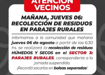 VILLA OCAMPO: RECOLECCIÓN DE RESIDUOS EN PARAJES RURALES: EL SERVICIO SE REALIZARÁ ESTE JUEVES 6 DE AGOSTO.