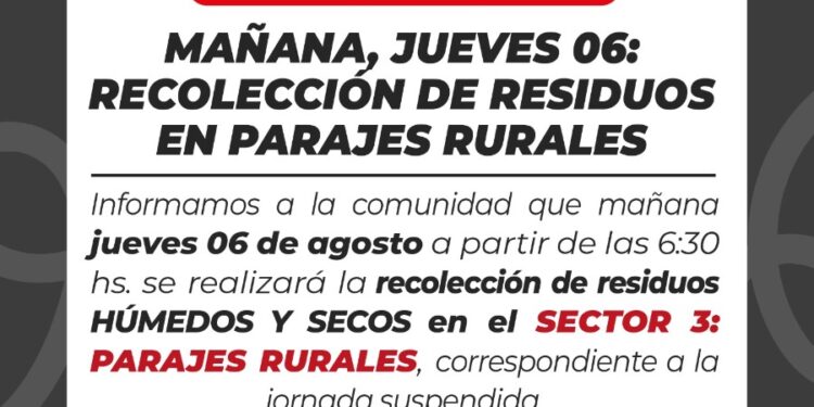 VILLA OCAMPO: RECOLECCIÓN DE RESIDUOS EN PARAJES RURALES: EL SERVICIO SE REALIZARÁ ESTE JUEVES 6 DE AGOSTO.
