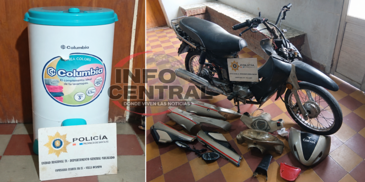 Esclarecieron un robo en Villa Ocampo: recuperaron una motocicleta desarmada y un secarropas.